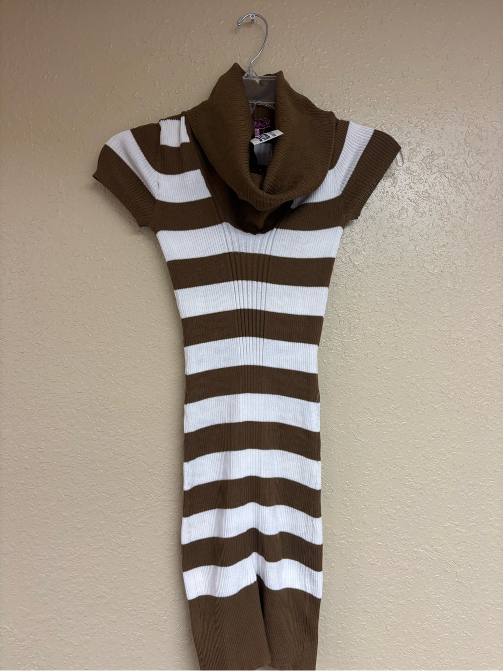 Derek Heart Brown and White Striped Ribbed Cowl Neck Midi Dress